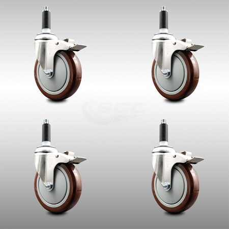 Service Caster 5 Inch 316SS Maroon Poly Swivel 3/4 Inch Expanding Stem Caster Set Lock Brake SCC-SS316TTLEX20S514-PPUB-MRN-34-4